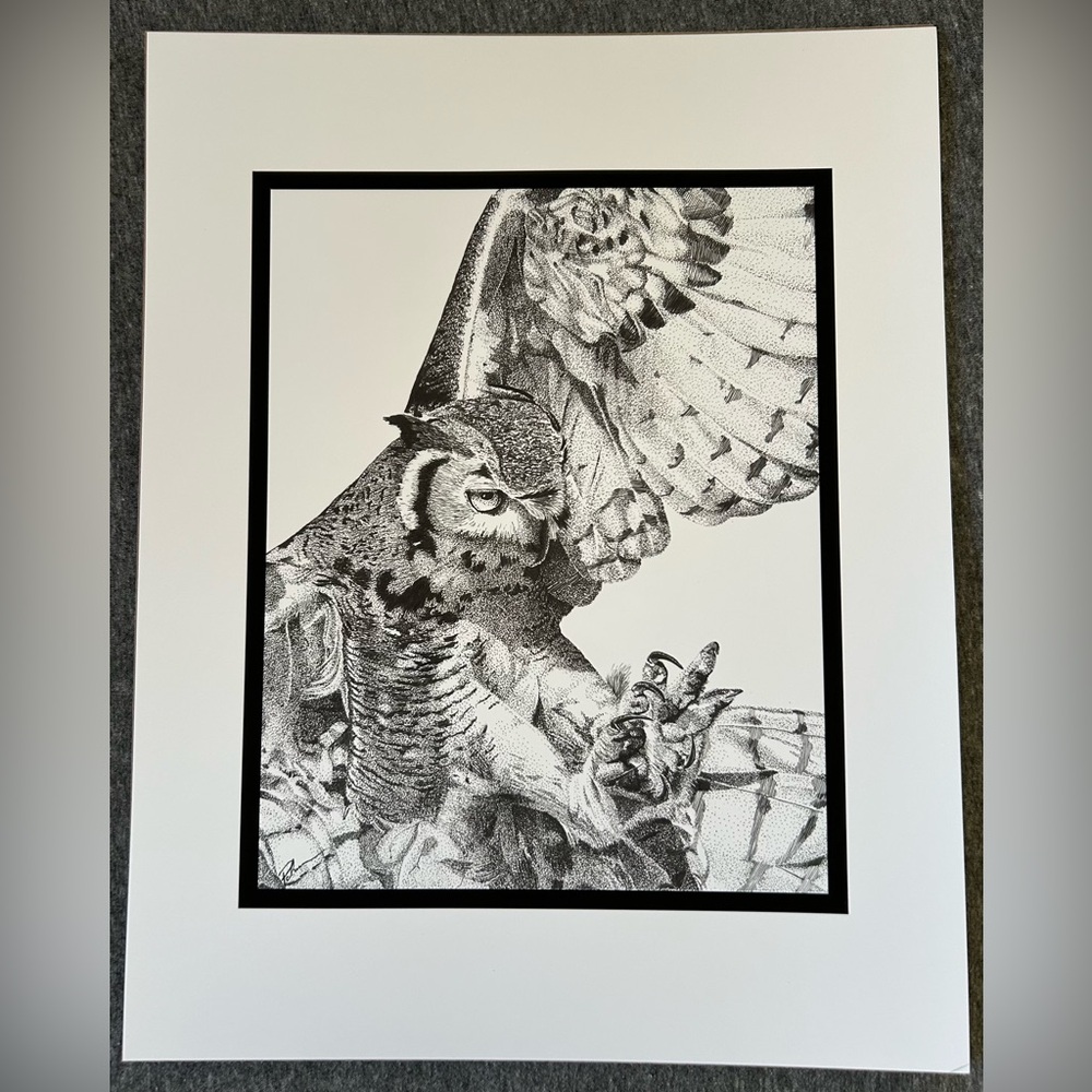 Great Horned Owl - “Cleared for Landing” B/W Print of Original Pen & Ink Drawing